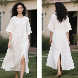 White Linen Maxi Dress with Flared Sleeves Ruffle Sleeve Tiered A Line Boho Dress with Side Slit Loose Summer Fall Dress Women Custom Dress