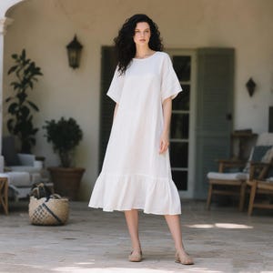 White Linen Ruffle Hem Midi Dress, Half - Sleeve Loose Summer Tunic Dress, Minimalist Flowy Kaftan Dress, Boho Oversized Dress, Casual Dress