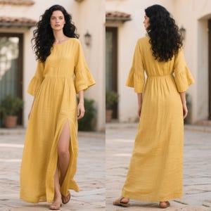 Women Linen Dress Summer Maxi Dress Ruffle Sleeve Dress Floor Length Linen Gown with Front Slit Cottagecore Dress Boho Dress Custom Dress