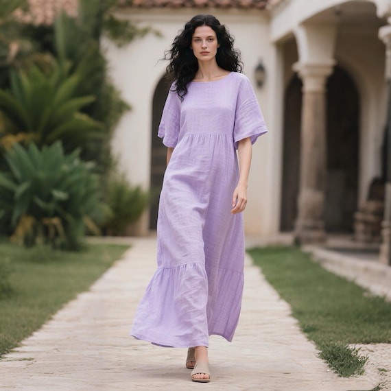 purple linen maxi dress Purple linen and Cotton Dress,Women Spring Autumn dress,Linen pleated Maxi dress,Pockets Dress,Women Cotton Dress