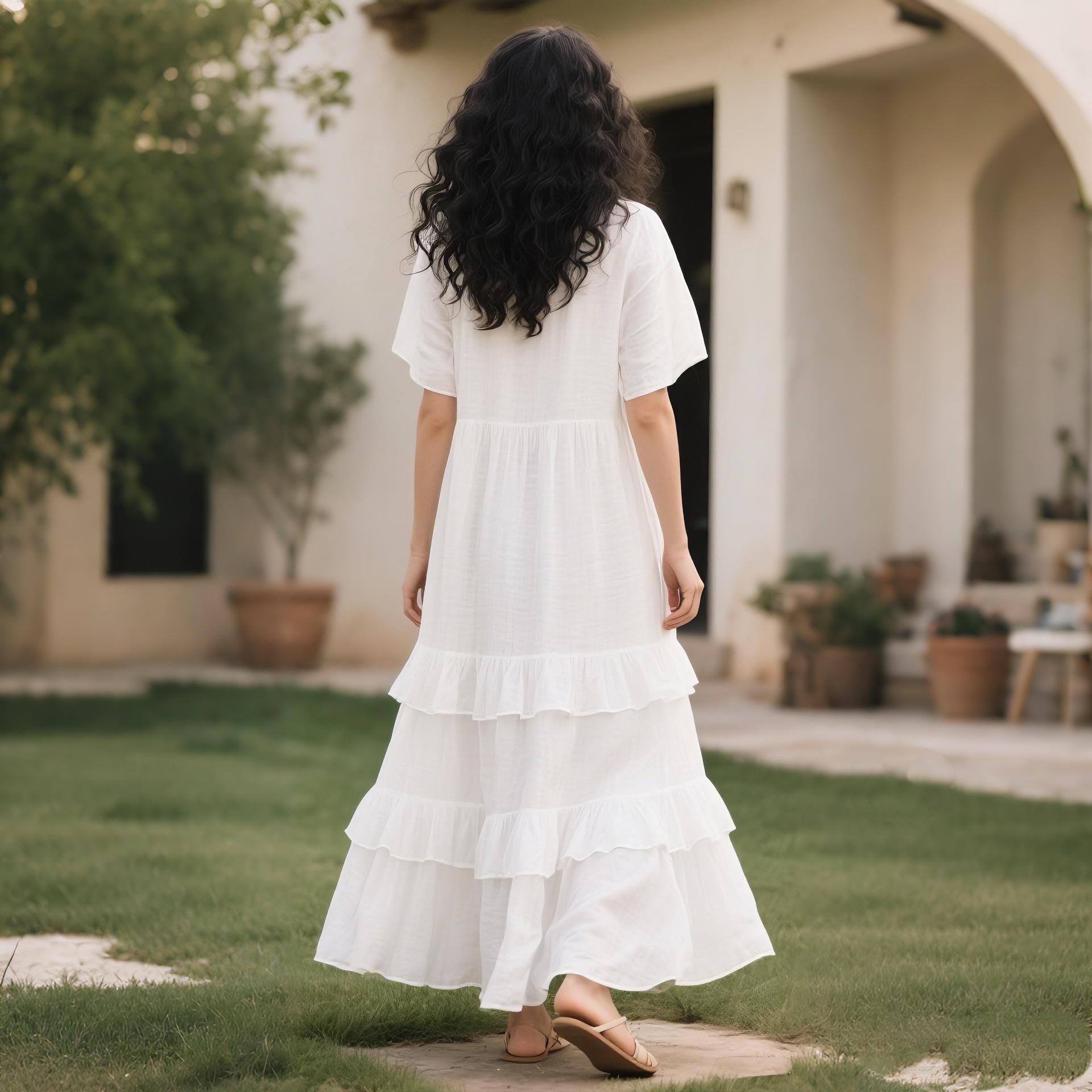white tiered linen dress White Tiered Linen Dress with Pockets Ankle Length, V-Neck, Open Back, 3XL / Night Blue