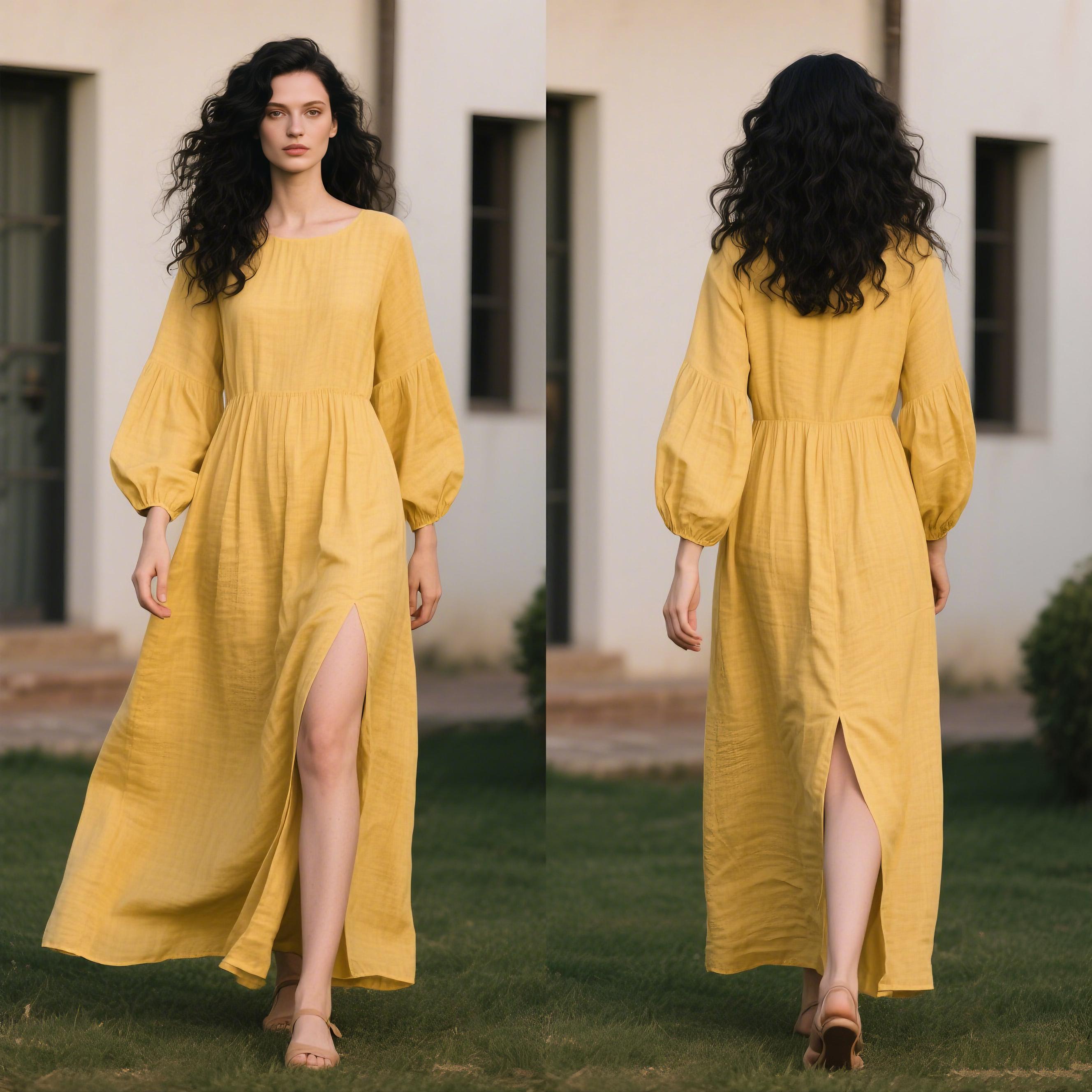 Linen Dress for Women Long Sleeve Balloon Sleeve Maxi Dress with Front Slit Flowy Summer Fall Dress Minimalist Linen Clothing Custom Dress Linen Dress for Women Long Sleeve Balloon Sleeve Maxi Dress with Front Slit Flowy Summer Fall Dress Minimalist Linen Clothing Custom Dress