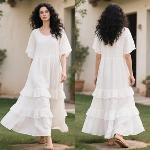 White Linen Tiered Maxi Dress with Pockets, Boho Ruffle Linen Summer Dress, Custom Dress, Loose Fit Handmade Maxi Dress with Wide Sleeves