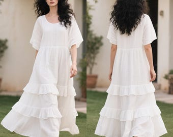 White Linen Tiered Maxi Dress with Pockets, Boho Ruffle Linen Summer Dress, Custom Dress, Loose Fit Handmade Maxi Dress with Wide Sleeves