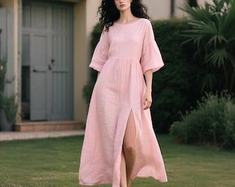 Linen Maxi Dress with Pockets, Bohemian Linen Long Dress Women, Ruffle Sleeves Summer Dress with Front Slit, Custom Dress, Romantic Dress