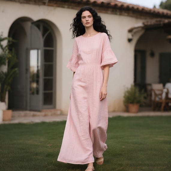 light pink linen maxi dress Sandy Toes Linen Maxi Dress (Light Pink)