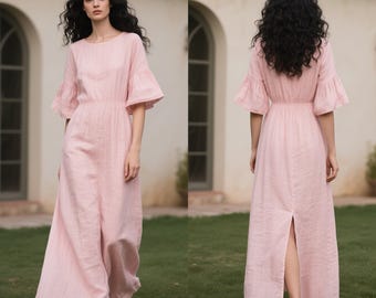 Linen Dress with Pockets, Ruffle Sleeve Long Linen Dress, Elastic Waist Boho Summer Dress, Handmade Custom Dress, Women Romantic Maxi Dress