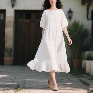 Vestido de linho branco com bainha franzida, vestido midi de verão, vestido cottagecore de meia manga, vestido boho fluido feito à mão, vestido personalizado, vestido romântico