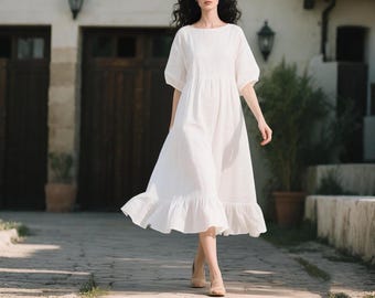 White Linen Dress with Ruffle Hem, Summer Midi Dress, Half Sleeve Cottagecore Dress, Handmade Flowy Boho Dress, Custom Dress, Romantic Dress