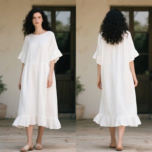 White Linen Midi Dress with Ruffle Sleeves, Loose Fit Summer Dress, Boho Linen Tunic Dress, Minimalist Handmade Flowy Dress, Custom Dress
