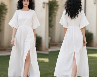 White Linen Maxi Dress with Ruffle Sleeves, Back Slit and Pockets Boho Summer Floor Length Dress Casual Linen Dress for Women Custom Dress