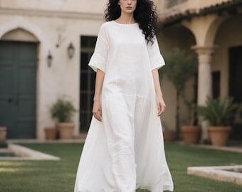 White Linen Drop Waist Maxi Dress, Wide Sleeve Dress, Minimalist Loose Fit Summer Dress Custom Dress, Handmade Long Dress, with Back Slit