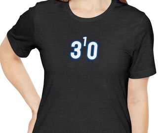 May include: A black t-shirt with a white and blue graphic that says "3'0".