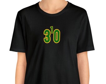 May include: Black t-shirt with a green and yellow graphic that says "3'0"