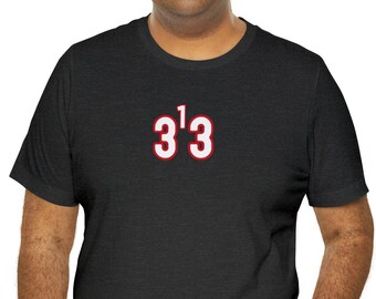 May include: A black t-shirt with a red outline and white text that says "3'3".