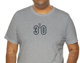 May include: A heather grey t-shirt with a black graphic that says "3'0".