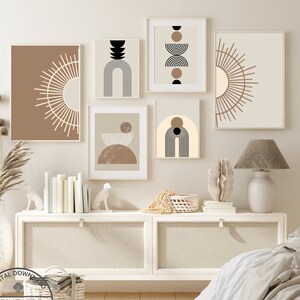 Boho Gallery Wall Art Set of 6 Printable Abstract Mid Century Modern Neutral Color Prints Boho Home Living Room Decor