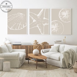 Boho strand muurkunst set van 9 prints kust muur decor zeeschelp kunst moderne strand kunst koraal prints neutrale kust muur kunst