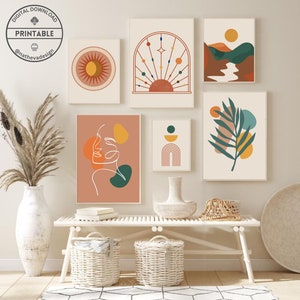 Boho Gallery Wall Set of 6 Prints Abstract Boho Printable Wall Art Terracotta Mustard Sun Prints Mid Century Modern Art