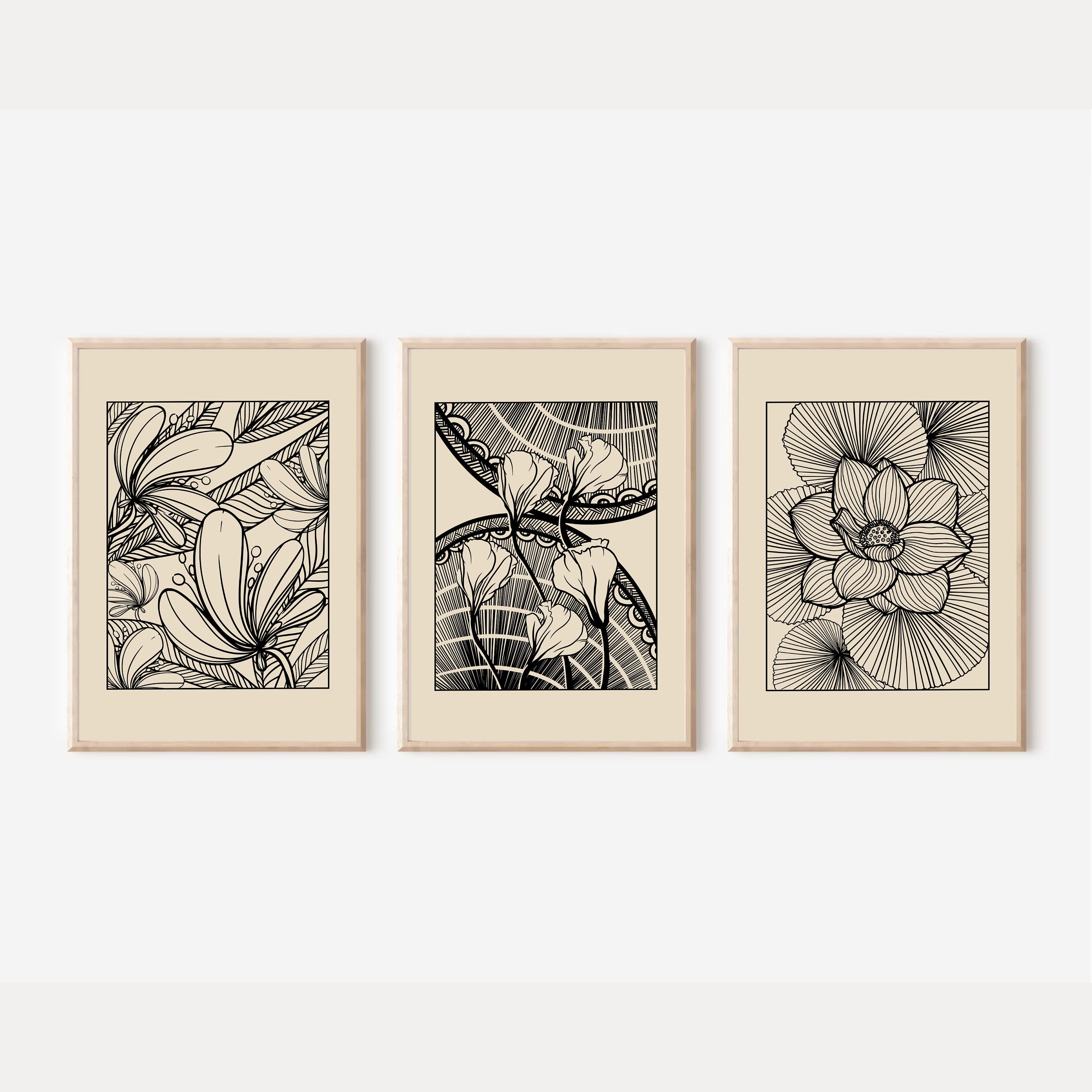Abstract Botanical Flowers Posters Set of 6 Black Beige - Etsy