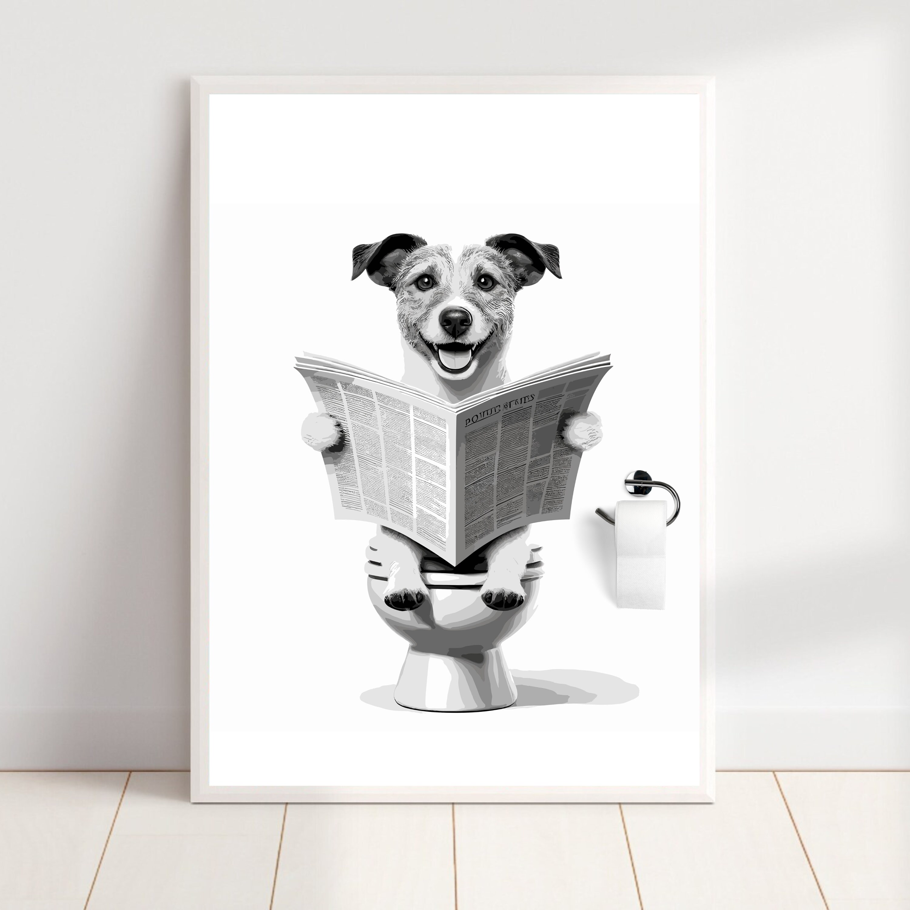 Biufo Framed Wall Art Dog On Toilet Wall Decor Canvas Print Poster Black White Picture For Bathroom Bedroom (8\"x10
