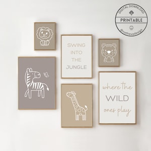 Safari Nursery Decor Prints Beige Set of 8 Kids Safari Animals Minimalist Animal Wall Art Decor Toddler Wall art Gift for Toddler boy
