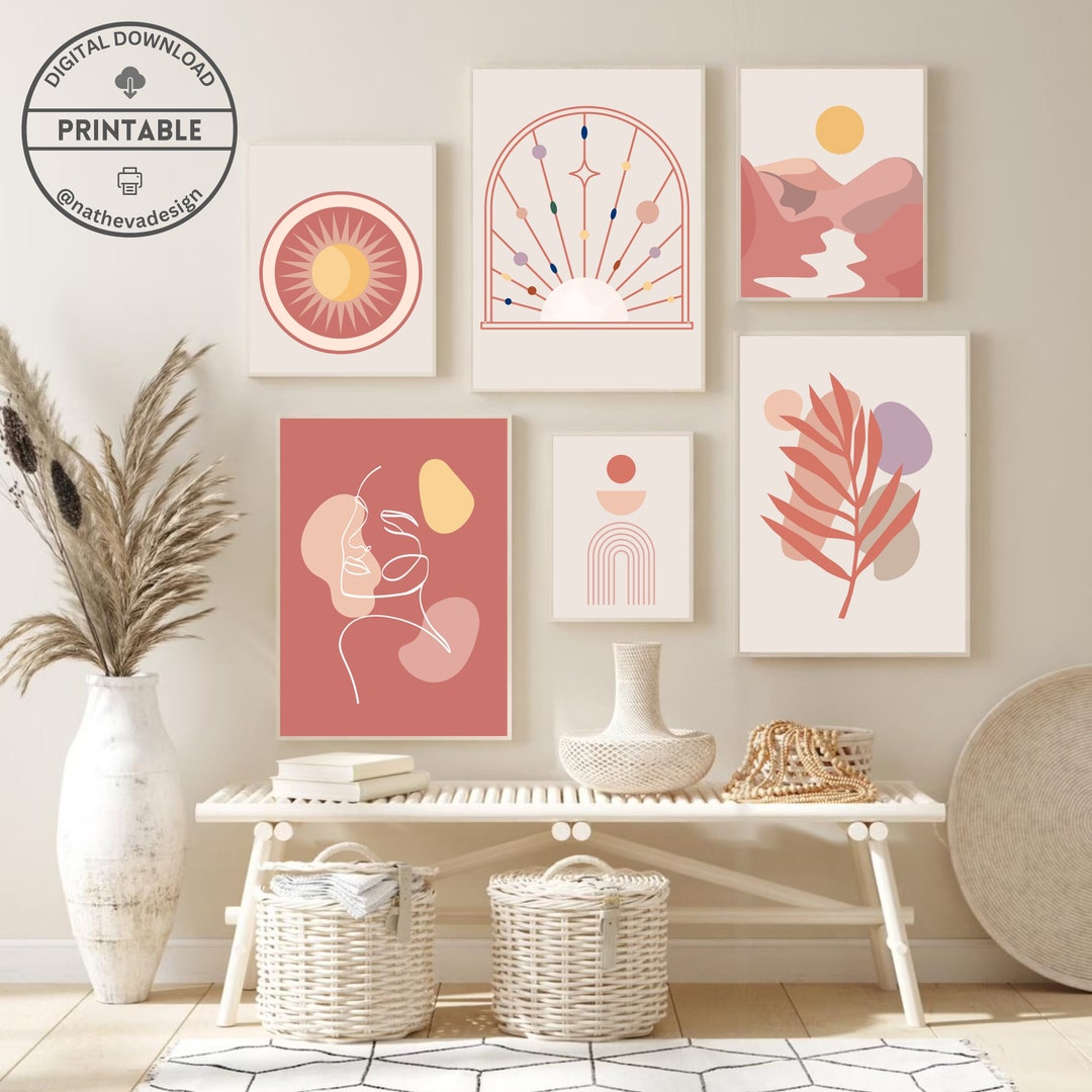 Boho Gallery Wall Set of 6 Prints Pink Abstract Boho Printable Wall Art ...