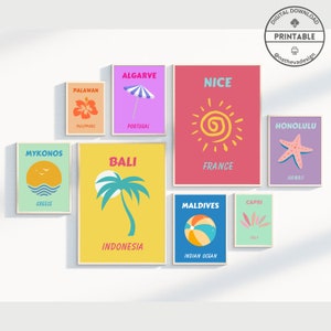 Travel Poster Set of 16 Preppy Room Decor Travel Collage Set Maximalist Decor Famous places Prints Miami Mykonos Bali Maldives Palm Beach