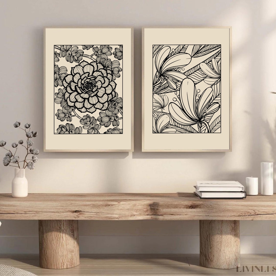 Abstract Botanical Flowers Posters Set of 6 Black Beige - Etsy