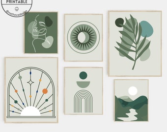 Sage Green Boho Art Prints: Abstract Gallery Wall Set (Digital Download)