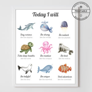Decoración de la guardería afirmaciones positivas cartel niños afirmaciones pared arte animales marinos cartel náutico montessori