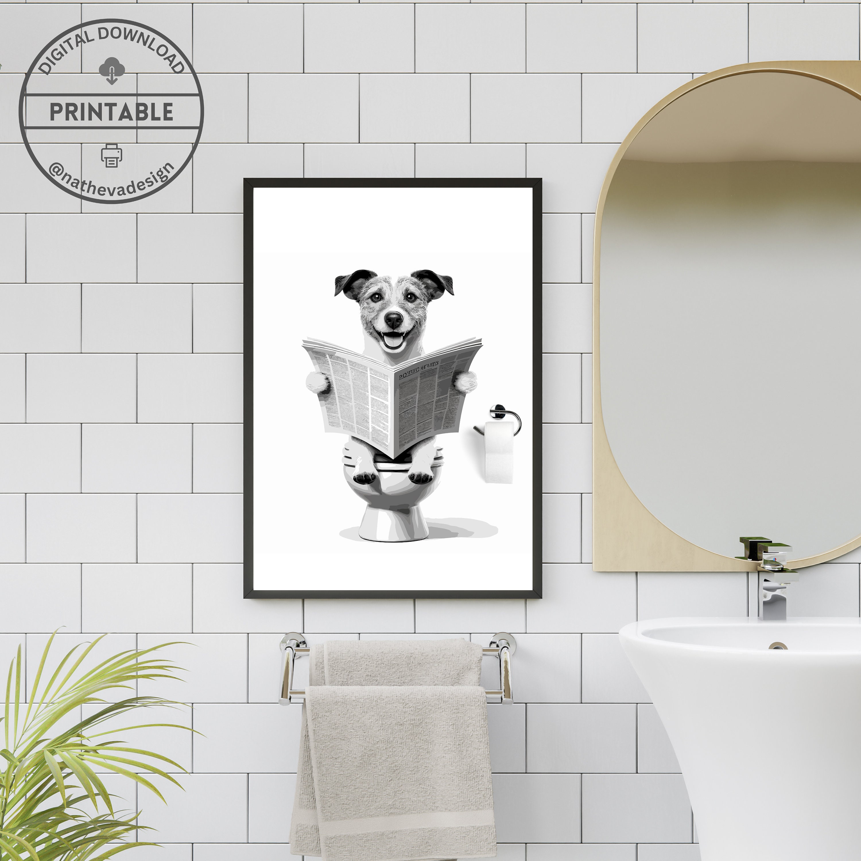 Bathroom Funny Wall Art Dog on Toilet Poster Black and White Minimal Bathroom Humor Sign Wall ...