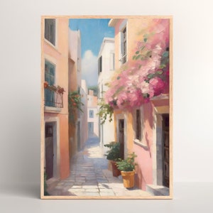 Vintage Coastal Town Painting: Pastel Pink European Print (Digital Download)
