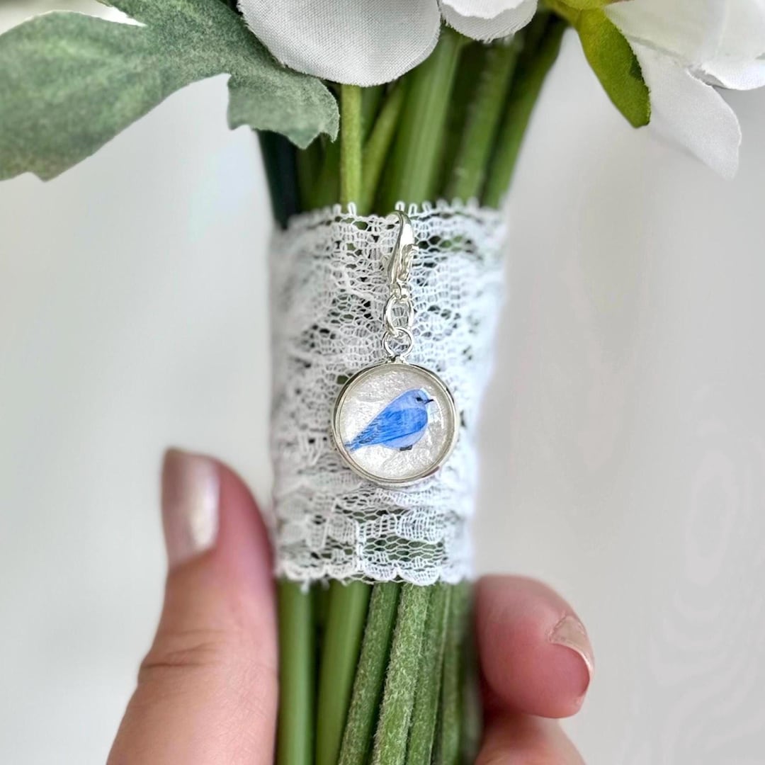 Tiny Something Blue for Bride Bouquet Charm, Boho Clip on Bluebird ...