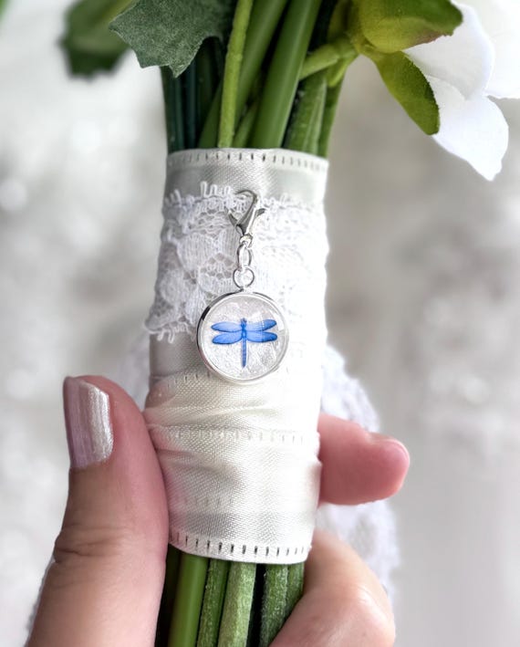 Tiny something blue bridal bouquet charm, boho dragonfly clip on charm, minimalist blue wedding keepsake, a unique before I do gift idea