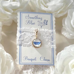 Tiny something blue for bride bouquet charm with butterfly, boho clip on gold plated charm, unique before I do gift, wedding memorial charm