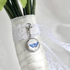 Tiny something blue butterfly bouquet charm, boho bride clip on charm, minimalist blue wedding keepsake, a unique before I do gift idea