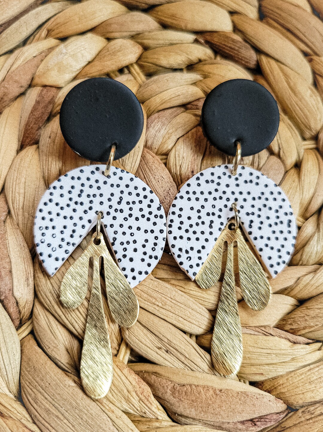 Black and White Gold Leaf Earrings L Hypoallergenic L Handmade Clay Polymer Earrings L Statement