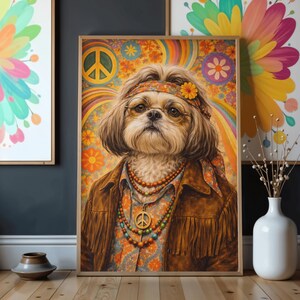 May include: A framed print featuring a dog dressed in 1960s hippie attire. The dog wears a brown fringed jacket, beaded necklaces, and round glasses. The background is a colorful psychedelic design with flowers and a peace sign.