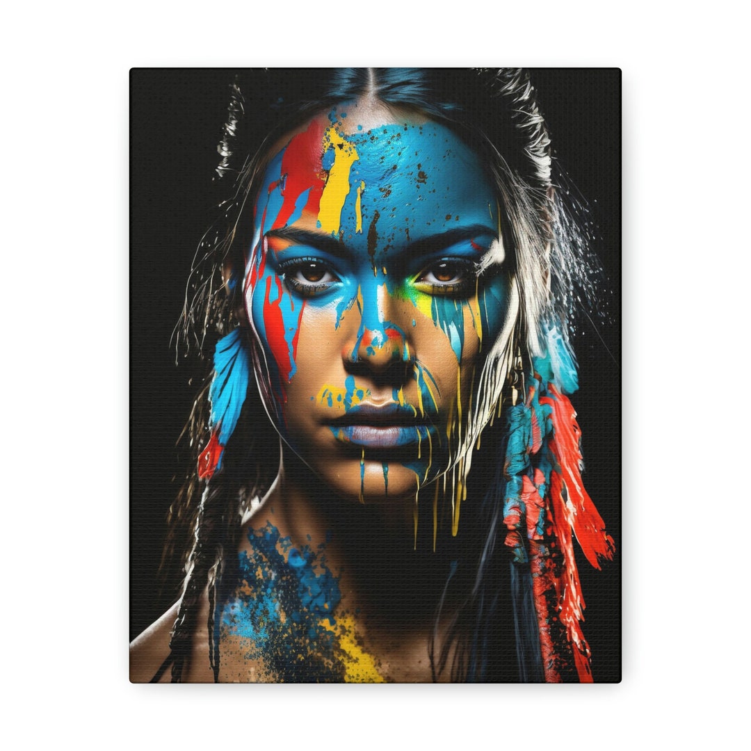 Colorful Beautiful Native American Woman Illustrated Art on a Canvas
