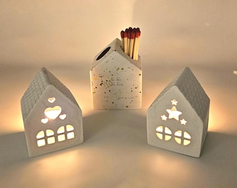 Casita brillante con portavelas - encendedor de cerillas - casita de cerillas - casita decorativa - almacenamiento de cerillas - decoración de portavelas