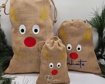 Bolsa personalizada de Papá Noel - Embalaje de regalo navideño - Navidad - Papá Noel - Rodolfo - Nariz Roja