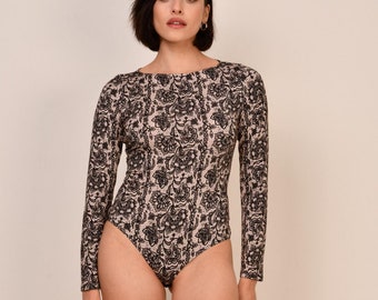 Long Sleeve Bodysuit, Boat Neck, Lace Print, Viscose, Made in Europe