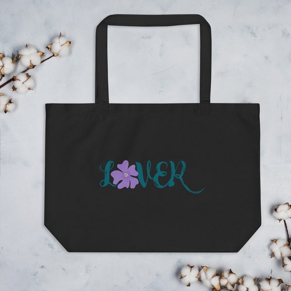 Grand sac fourre-tout biologique, sac fourre-tout amoureux des fleurs avec fleur violette, fourre-tout en coton noir, sac fourre-tout en coton réutilisable