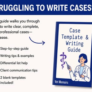 以下が含まれることがあります： 「Case Template & Writing Guide」というタイトルと「Struggling to Write Cases?」というテキストが書かれた本の表紙。 漫画のイラストは、白衣を着た人と猫を描いています。 このガイドは、ステップバイステップの説明と執筆のヒントを約束します。