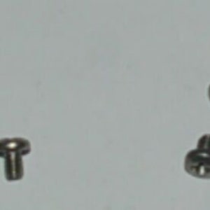 May include: A collection of small, silver-colored screws with slotted heads. The screws are scattered across a light-colored surface. The heads of the screws are round and slightly raised, with a single slot for a screwdriver.