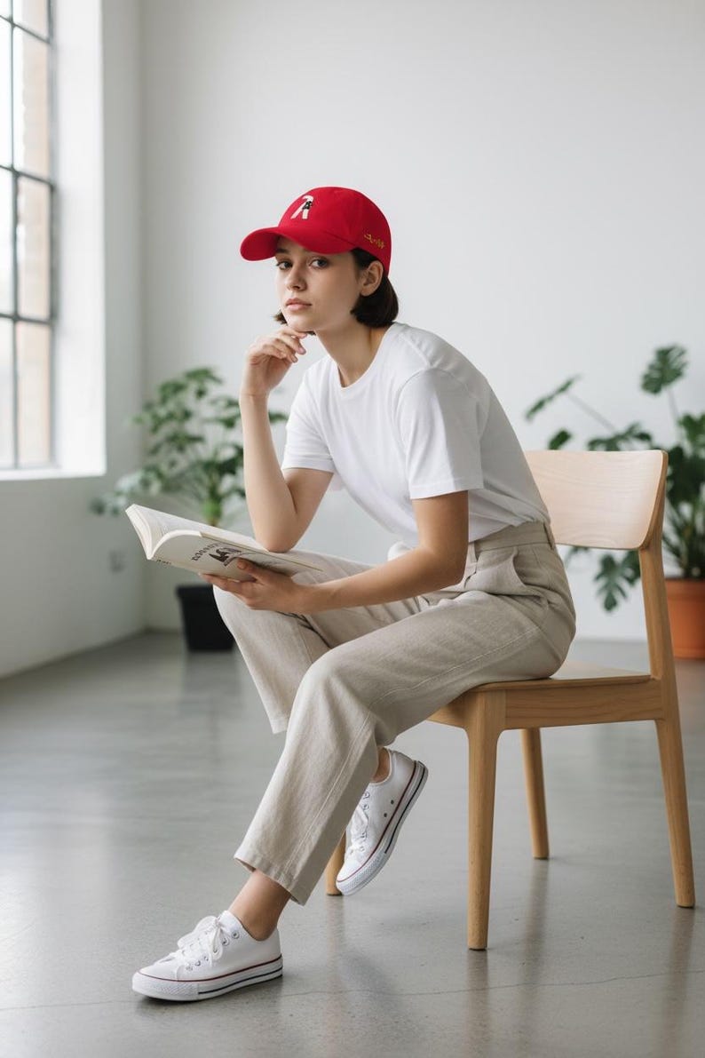 Puede incluir: Una gorra de b&eacute;isbol roja con un dise&ntilde;o gr&aacute;fico, una camiseta blanca y pantalones beige. La persona est&aacute; sentada en una silla de madera y leyendo un libro. Zapatillas blancas completan el atuendo.
