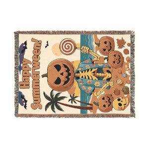 Summerween Halloween Woven Blanket , Pumpkin Skeleton Beach Throw , Funny Spooky Coastal Decor , Halloween Fall Picnic Blanket