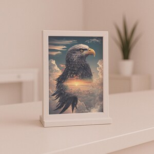 Majestic Bald Eagle Digital Art Print – Patriotic Eagle Wall Decor, Sunset Sky Animal Illustration, Instant Download for Office or Home