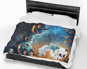Halloween Plush Blanket – Ghosts, Pumpkins, Fall Leaves